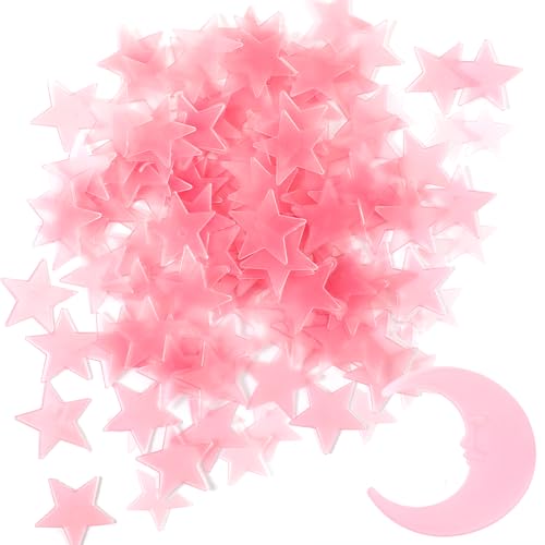 Tweruna 100 Stars 1 Moon Glow in the Dark Stars for Ceiling Pink Glowing Wall Stickers with Adhesive Pads Plastic Luminous Fluorescent 3D Glowing Star for Boys and Girls Room Decor - Image 1
