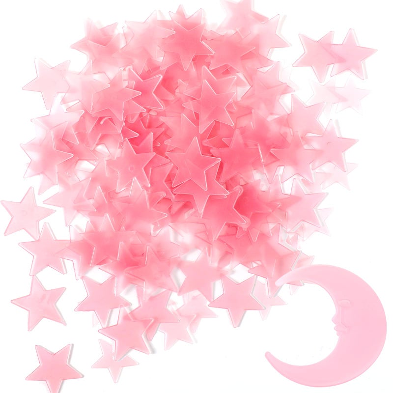 Tweruna 100 Stars 1 Moon Glow in the Dark Stars for Ceiling Pink Glowing Wall Stickers with Adhesive Pads Plastic Luminous Fluorescent 3D Glowing Star for Boys and Girls Room Decor - Image 2
