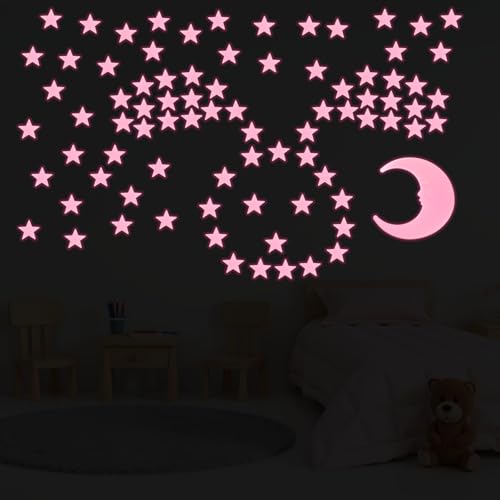 Tweruna 100 Stars 1 Moon Glow in the Dark Stars for Ceiling Pink Glowing Wall Stickers with Adhesive Pads Plastic Luminous Fluorescent 3D Glowing Star for Boys and Girls Room Decor - Image 3