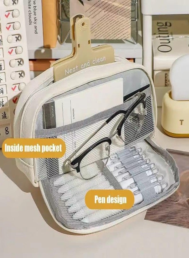 UIVXXUD حقيبة أقلام قماشية لطيفة من UIVXXUD بسعة كبيرة وتصميم متعدد الطبقات (بيج) - Image 4