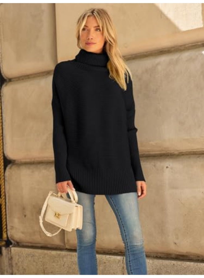 NIBEMINENT Women's Oversized Turtleneck Sweaters Fall Batwing Sleeve Ribbed Tunic Sweater - Image 2
