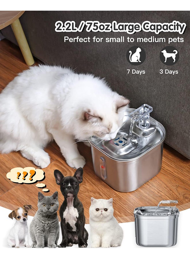 O Ozone Stainless Steel Cat Water Fountain 2.2L – Automatic Pet Dispenser with Quiet Pump, Water Level Window, Adjustable Flow, BPA-Free, 304 SS - Image 2