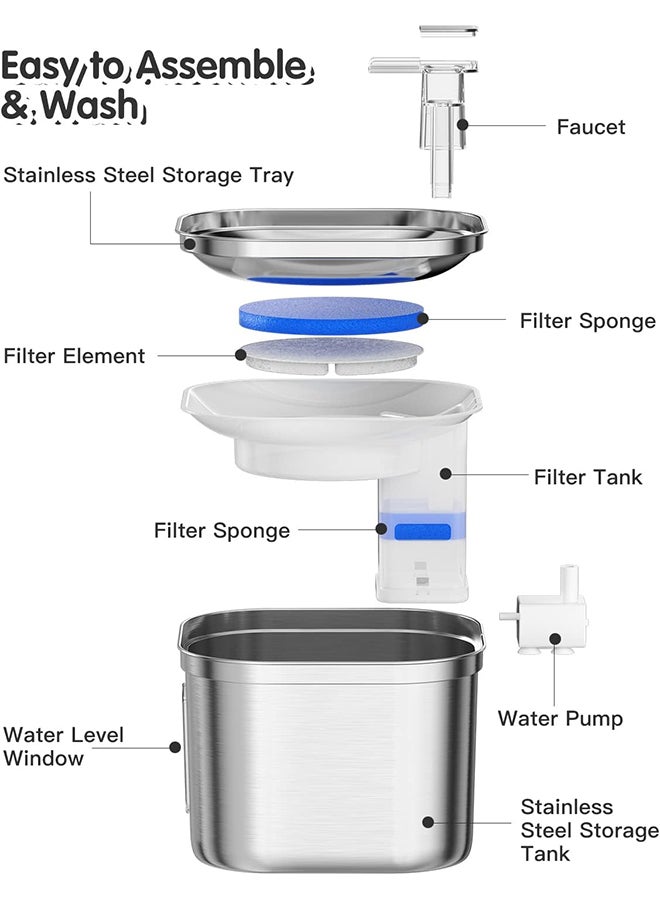 O Ozone Stainless Steel Cat Water Fountain 2.2L – Automatic Pet Dispenser with Quiet Pump, Water Level Window, Adjustable Flow, BPA-Free, 304 SS - Image 3