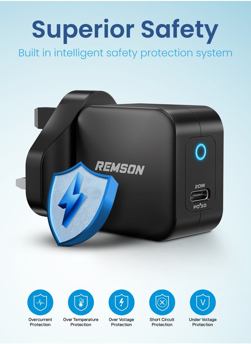 Remson - Remson 20W Power Delivery Wall Adapter USB-C Charging Port Fast Charger Compatible for  iPhone 13/13 Mini/13 Pro/13 Pro Max/12 Pro Max/SE/11, Pixel, Galaxy S20 S10 S9, iPad Mini/Pro - Image 1