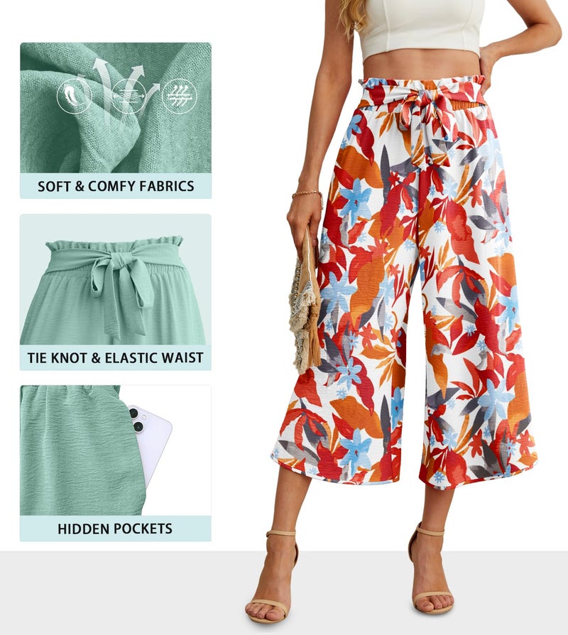 IWOLLENCE Women Flowy Loose Wide Leg Pant Summer Beach Casual Trousers high Waist Adjustable Knot Business Work Casual Pants White Maple Medium - Image 4