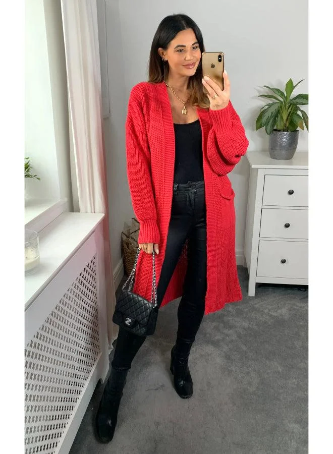 Hoxton Gal Red Oversized Knitted Midi Cardigan Long Sleeve, Button‑Front & Pocket Details