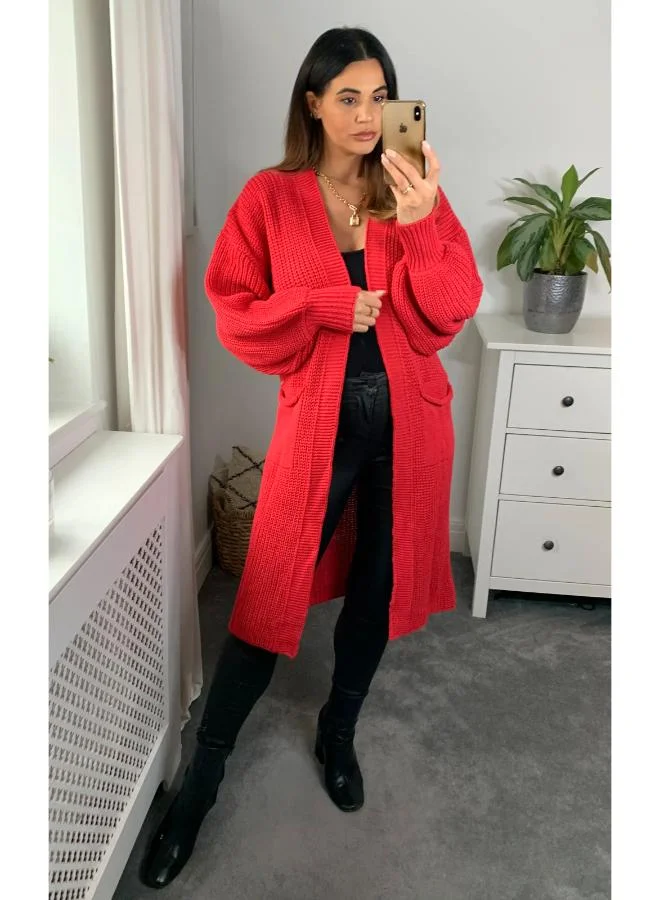 Hoxton Gal Red Oversized Knitted Midi Cardigan Long Sleeve, Button‑Front & Pocket Details