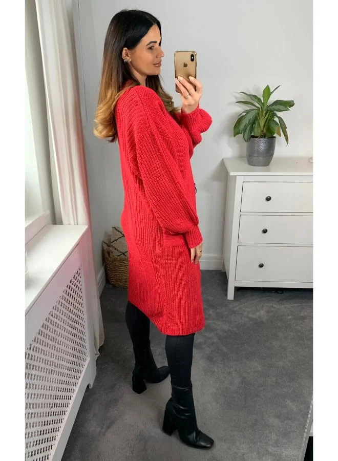 Hoxton Gal Red Oversized Knitted Midi Cardigan Long Sleeve, Button‑Front & Pocket Details