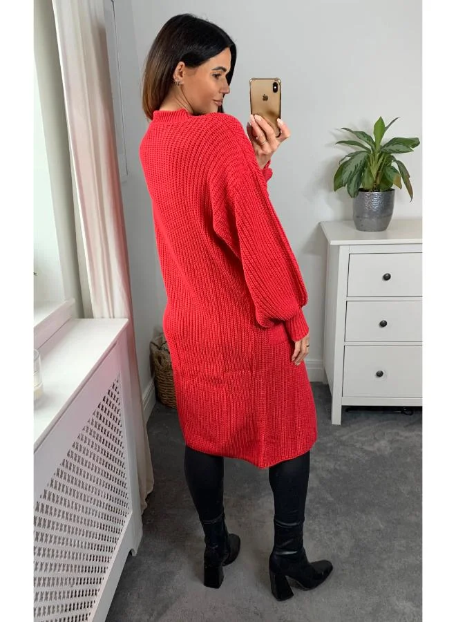 Hoxton Gal Red Oversized Knitted Midi Cardigan Long Sleeve, Button‑Front & Pocket Details