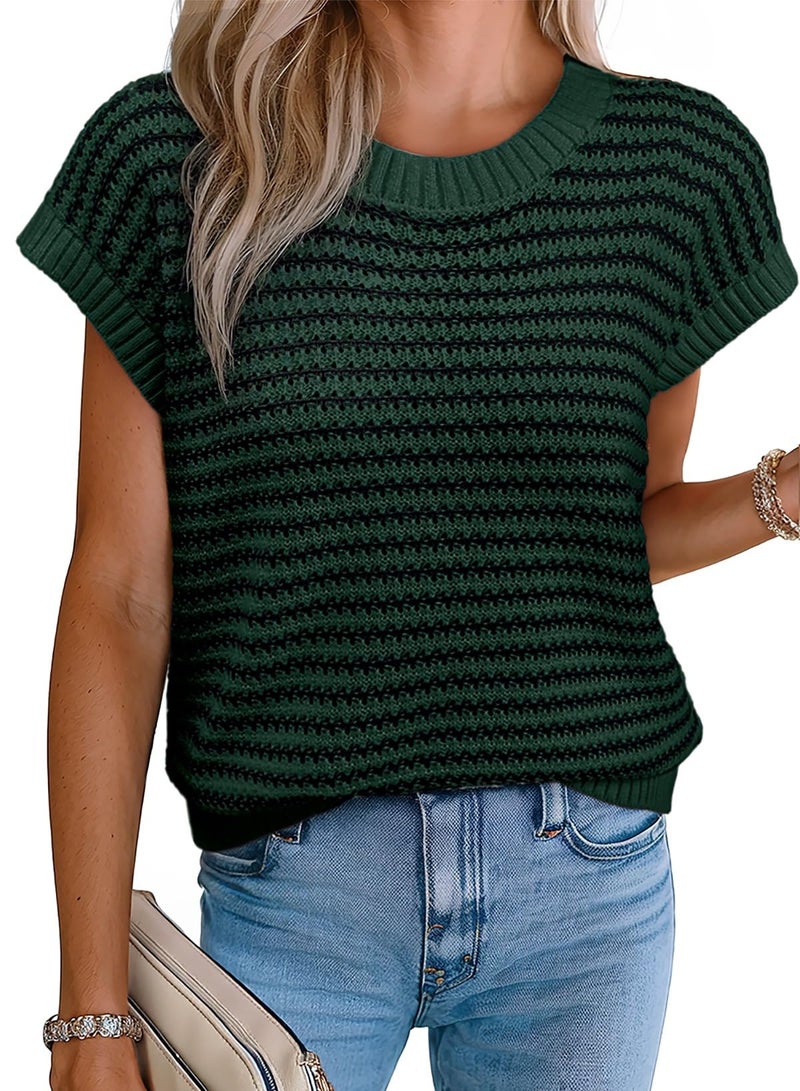 EVALESS Womens Cap Sleeve Sweater Vest Crew Neck Striped Lightweight Knit Ribbed Casual Lightweight Summer Tank Top Deep Green Stripe Medium - Image 1