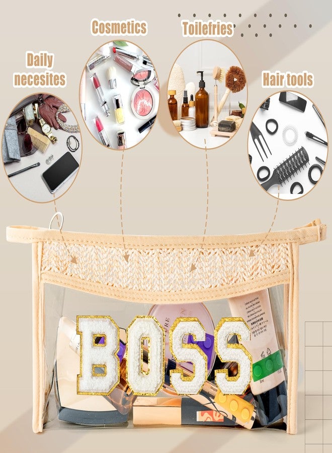 CY2SIDE Straw BOSS Clear Makeup Bag - Small Boho Straw Travel Beach Bag with Handle PVC Zipper Clear Travel Case for Toiletries Waterproof Portable Trendy Organizer Cosmetic Pouch Boss Gift for Women - Image 4