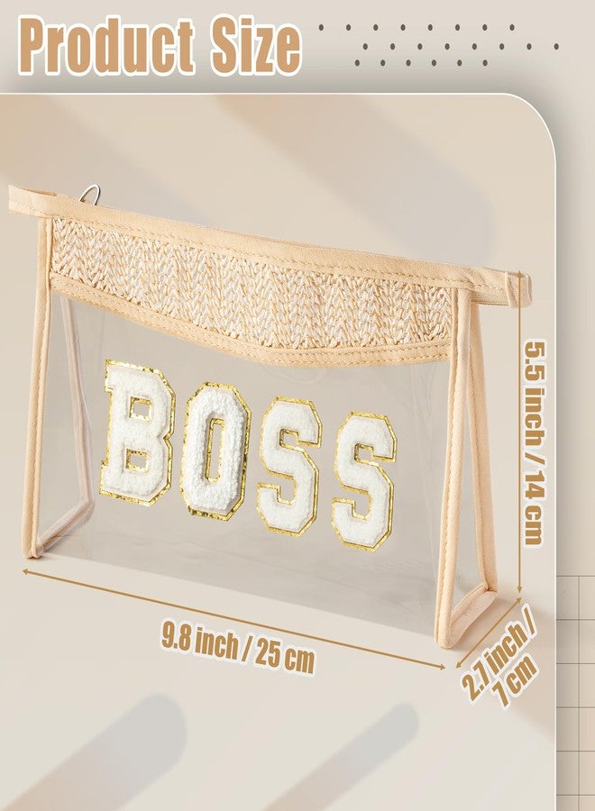 CY2SIDE Straw BOSS Clear Makeup Bag - Small Boho Straw Travel Beach Bag with Handle PVC Zipper Clear Travel Case for Toiletries Waterproof Portable Trendy Organizer Cosmetic Pouch Boss Gift for Women - Image 2