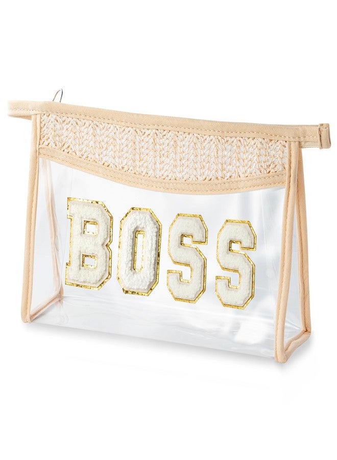 CY2SIDE Straw BOSS Clear Makeup Bag - Small Boho Straw Travel Beach Bag with Handle PVC Zipper Clear Travel Case for Toiletries Waterproof Portable Trendy Organizer Cosmetic Pouch Boss Gift for Women - Image 1