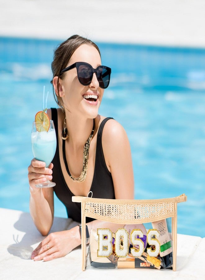 CY2SIDE Straw BOSS Clear Makeup Bag - Small Boho Straw Travel Beach Bag with Handle PVC Zipper Clear Travel Case for Toiletries Waterproof Portable Trendy Organizer Cosmetic Pouch Boss Gift for Women - Image 5