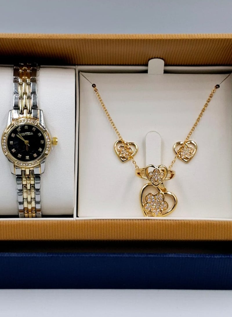 مونتيرا طقم ساعة يد بعقارب وطقم مكون من السلسال والحلق والخاتم للنساء