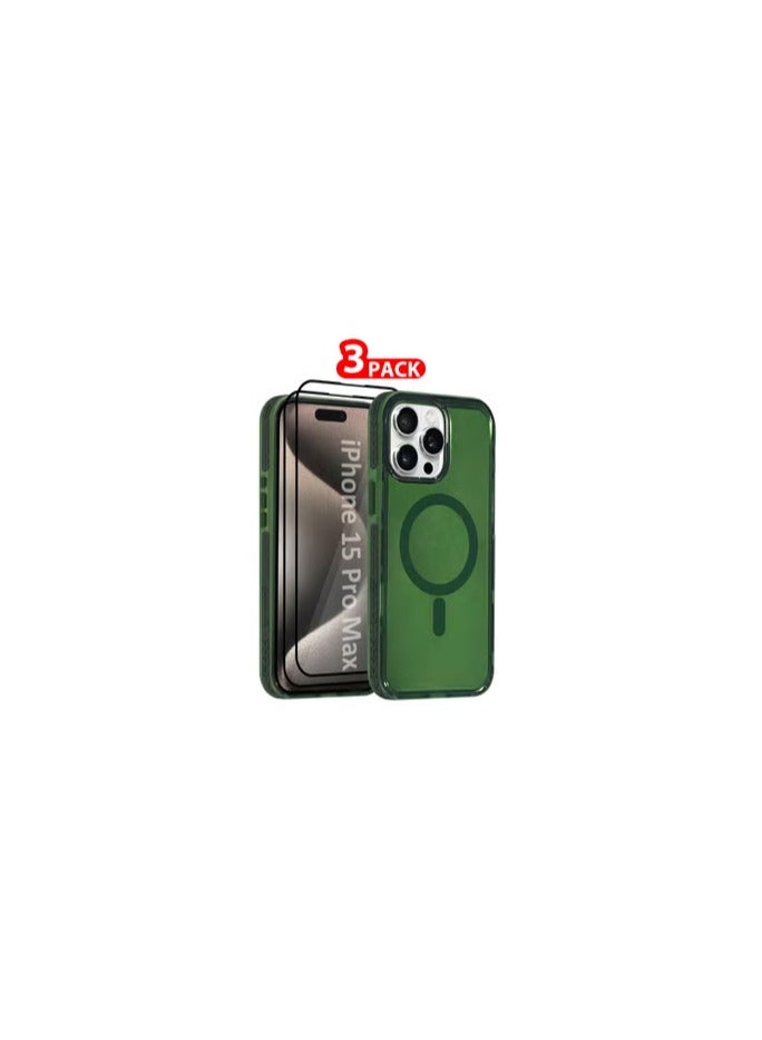 CATANES (for iPhone 15 Pro Max) 3Packs Hard PC Magsafe Case Cover Polycarbonate Magnetic Strong Shockproof Protective Case Cover Transparent - Green Color - Image 1