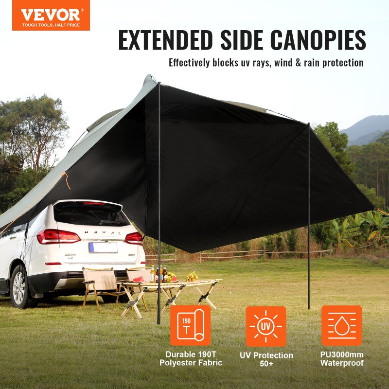 VEVOR VEVOR Car Awning, Large 10' x 7' Shade Coverage Vehicle Side Camping Tent, PU2000mm UV50+ Tailgate Shade with Extended Side Canopies and Portable Storage Bag, Suitable for Truck, SUV, Van, Campers  - Image 2