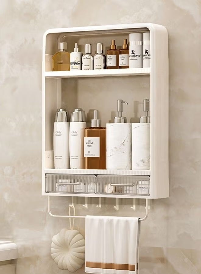 2-Tier Wall Mounted Bathroom Rack Organizer with Hooks & Drawer – Space-Saving Makeup, Toiletries & Shower Storage Shelf for Bathroom & Kitchen