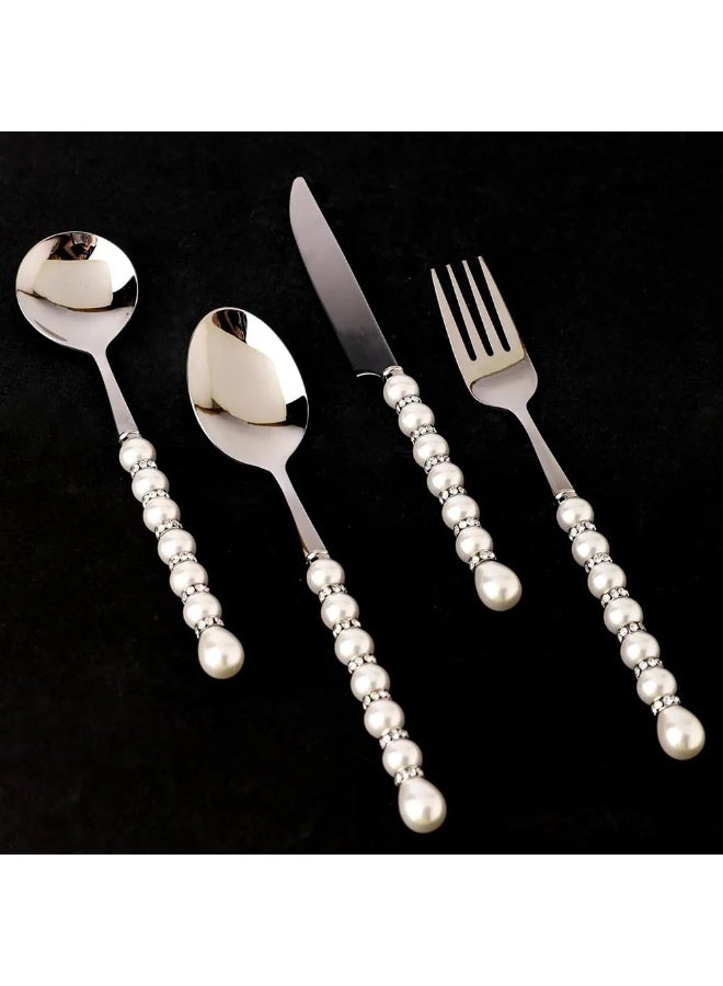 Mado Gallery VIP Cutlery Set Of 4, Stainless Steel, With Peral And Crystal Stone, With Gift Box, Flatware Set, Mirror Polished, Dishwasher Safe, High Grade, For Home Kitchen & Restaurant Weeding - Image 1