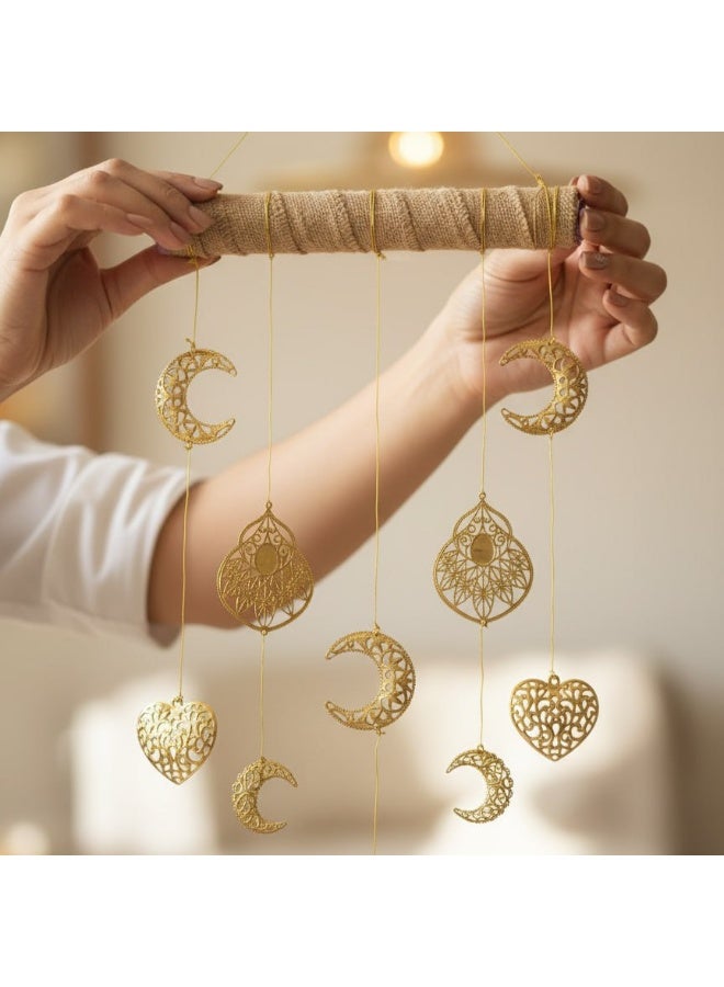 Hand Made Hanging Wall Decor Rustic Jute Rod Tassel Wall Art Macrame Style Metal crescent moon & Hearts - Image 5