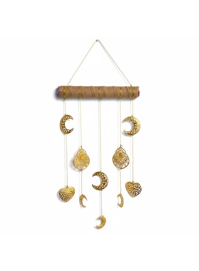 Hand Made Hanging Wall Decor Rustic Jute Rod Tassel Wall Art Macrame Style Metal crescent moon & Hearts - Image 1