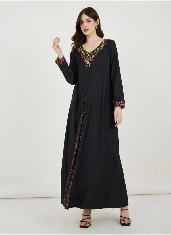 Maxim Creation Embroidered V Neck Kaftan with Printed Panel by Styli