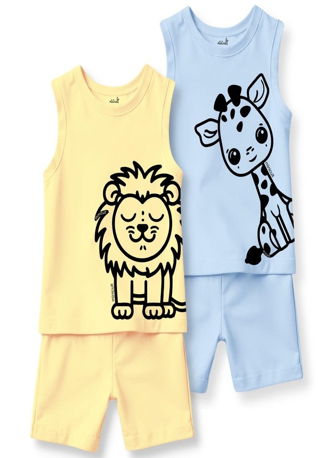 minicult Kids Matching Cotton Vest and Shorts coords with cute animal Prints(Lion Combo) Pack of 2(2-3 Years) - Image 1