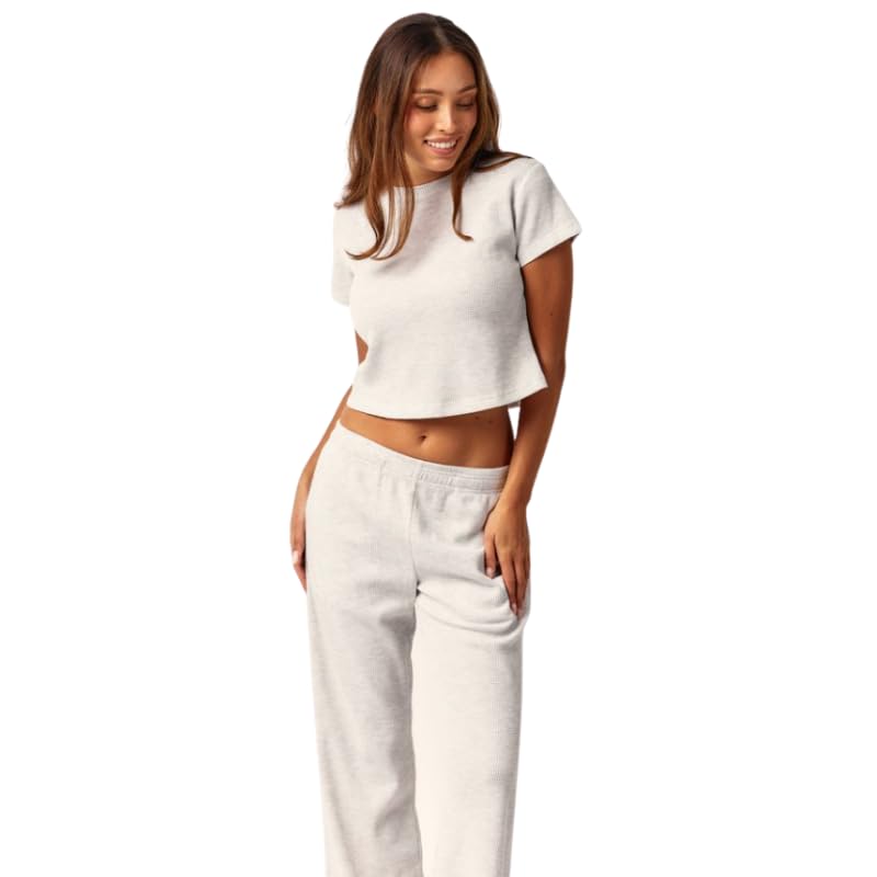Almere Waffle Knit Lounge Set for Women Baby Tee and Sweatpants (Light Grey, X Large) - Image 1