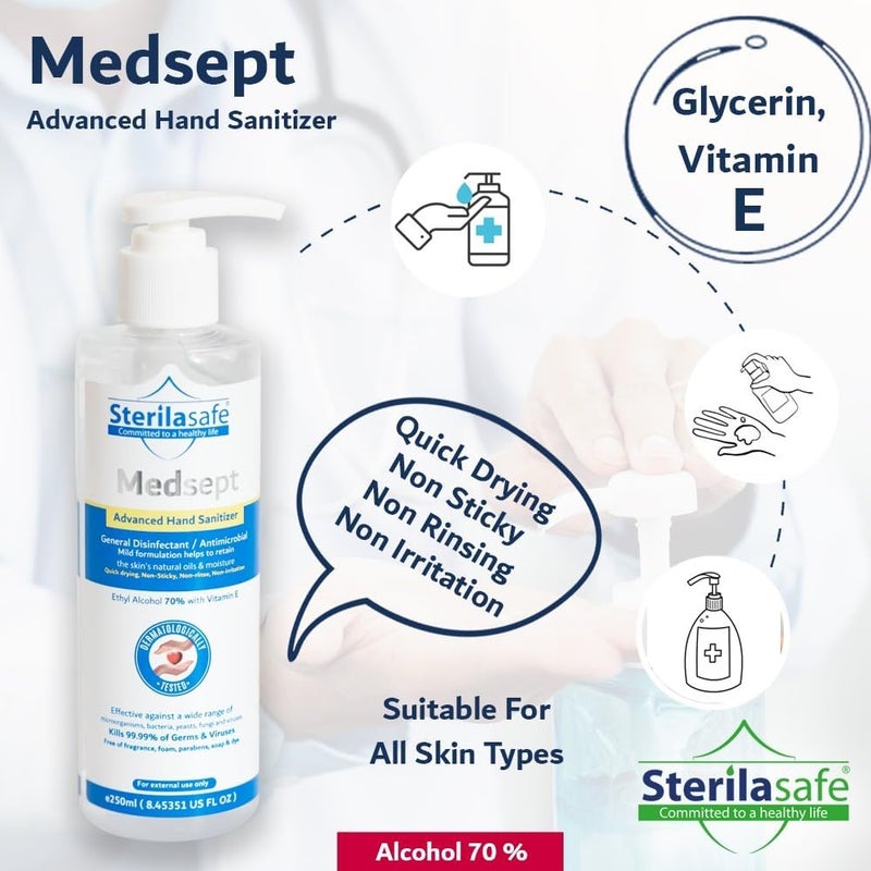 Upgraded quality MedSept Advanced Hand Sanitizer Ethanol Alcohol Refreshing gel 70%, with Vitamin E, General disinfectant/antimicrobial, Personal Hygiene, 250 ML Water rust proof - Image 1
