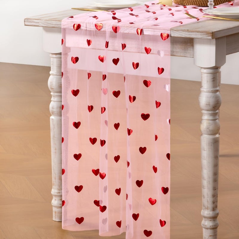 MLMC Pink Heart Valentine's Day Table Runner Glitter Gauze Table Runner 120 Inch 10 FT Sheer Metallic Foil Seasonal Centerpiece for Wedding Anniversary Home Party Table Decor - Image 3