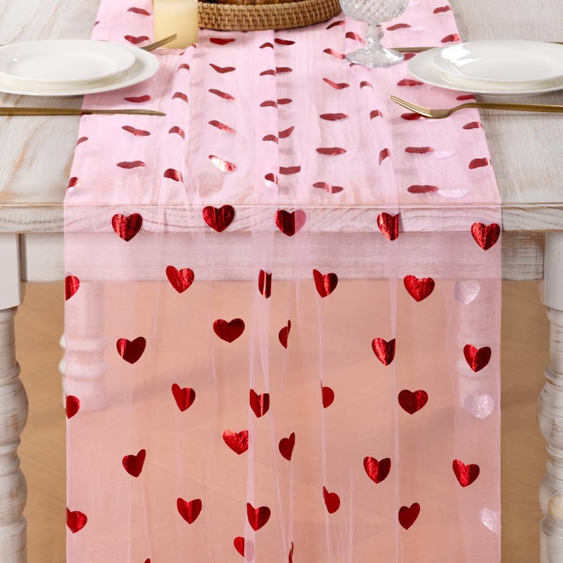 MLMC Pink Heart Valentine's Day Table Runner Glitter Gauze Table Runner 120 Inch 10 FT Sheer Metallic Foil Seasonal Centerpiece for Wedding Anniversary Home Party Table Decor - Image 4