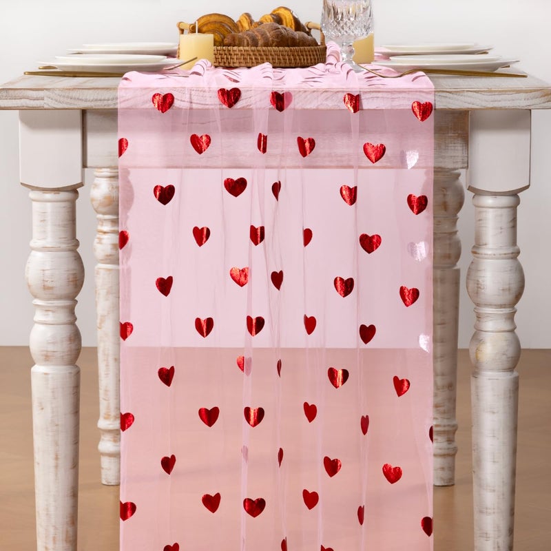 MLMC Pink Heart Valentine's Day Table Runner Glitter Gauze Table Runner 120 Inch 10 FT Sheer Metallic Foil Seasonal Centerpiece for Wedding Anniversary Home Party Table Decor - Image 2