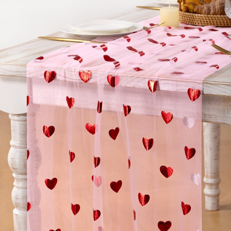 MLMC Pink Heart Valentine's Day Table Runner Glitter Gauze Table Runner 120 Inch 10 FT Sheer Metallic Foil Seasonal Centerpiece for Wedding Anniversary Home Party Table Decor - Image 1