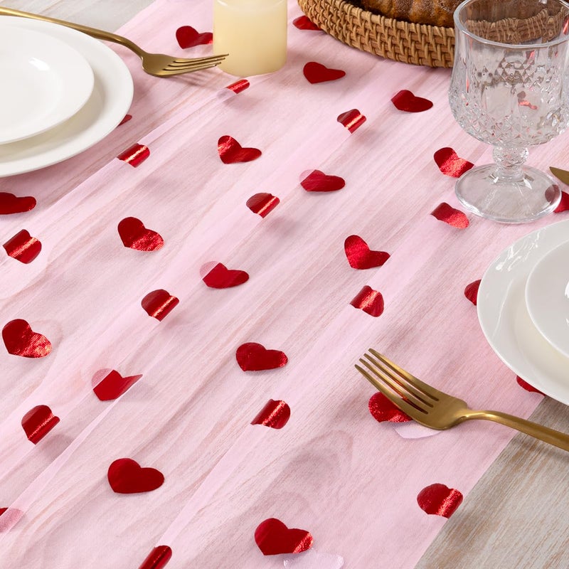 MLMC Pink Heart Valentine's Day Table Runner Glitter Gauze Table Runner 120 Inch 10 FT Sheer Metallic Foil Seasonal Centerpiece for Wedding Anniversary Home Party Table Decor - Image 5