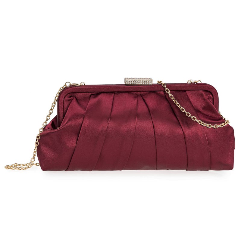 CHARMING TAILOR Classic Pleated Satin Clutch Bag Diamante Embellished Formal Handbag for Wedding/Prom/Black-Tie Events (Burgundy) - Image 2