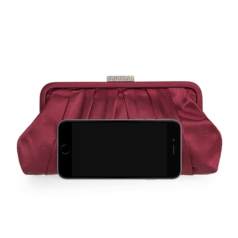 CHARMING TAILOR Classic Pleated Satin Clutch Bag Diamante Embellished Formal Handbag for Wedding/Prom/Black-Tie Events (Burgundy) - Image 3