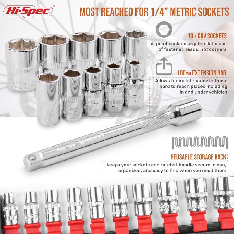 Hi-Spec 12 Piece Metric 1/4in Drive Socket Set with 72 Teeth Ratchet Wrench Handle & Extension Bar - Image 4