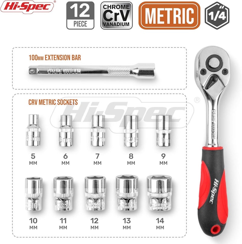 Hi-Spec 12 Piece Metric 1/4in Drive Socket Set with 72 Teeth Ratchet Wrench Handle & Extension Bar - Image 2