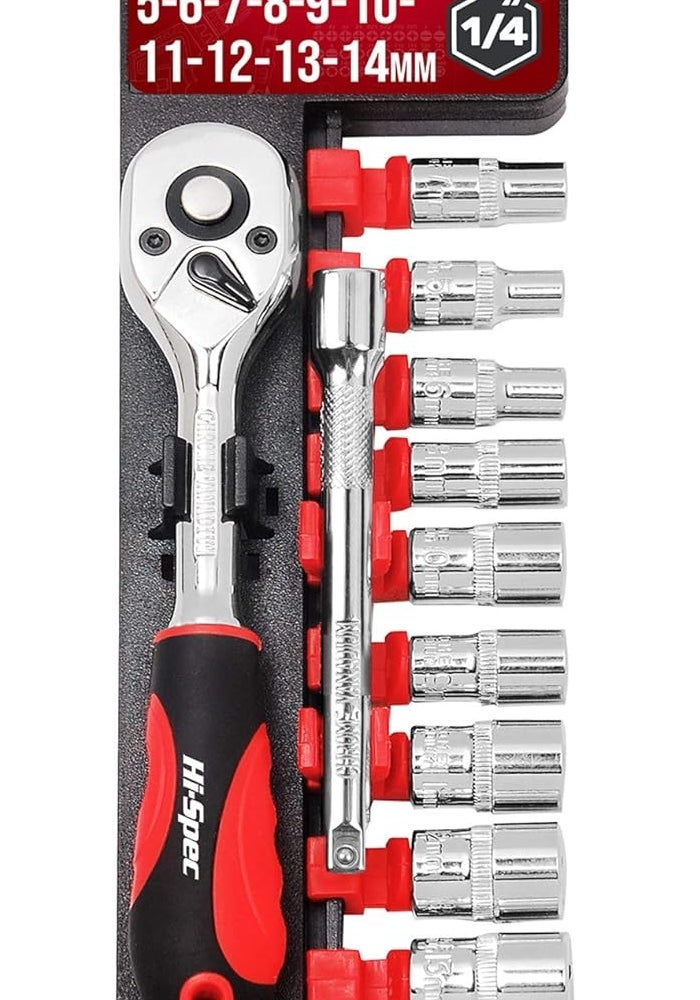 Hi-Spec 12 Piece Metric 1/4in Drive Socket Set with 72 Teeth Ratchet Wrench Handle & Extension Bar - Image 1