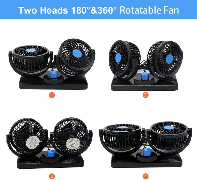 AutoBizarre مروحة تبريد كهربائية أوتو بيزار 12 فولت للسيارات، مروحة دوارة بزاوية 360° برؤوس مزدوجة، دوران يدوي، سرعتان لجميع السيارات (أسود) - Image 3