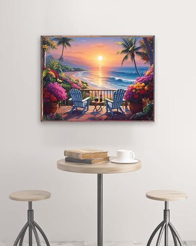 askkqtx Beach Sunset Diamond Art Kits for Adults, Coconut Tree Diamond Painting Kits for Beginners, DIY 5D Full Drill Crystal Flowers Diamond Dots Gem Art Craft Home Decor 16x12 Inch - Image 2
