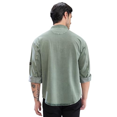 Spykar Full Sleeve Relaxed Fit Solid Green Shirts for Men (Size: M)-MSHK2BD221-Dusty Pista Green - Image 3