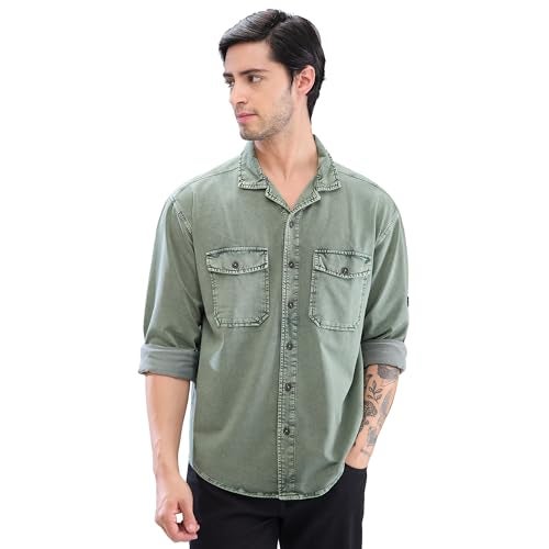 Spykar Full Sleeve Relaxed Fit Solid Green Shirts for Men (Size: M)-MSHK2BD221-Dusty Pista Green - Image 1