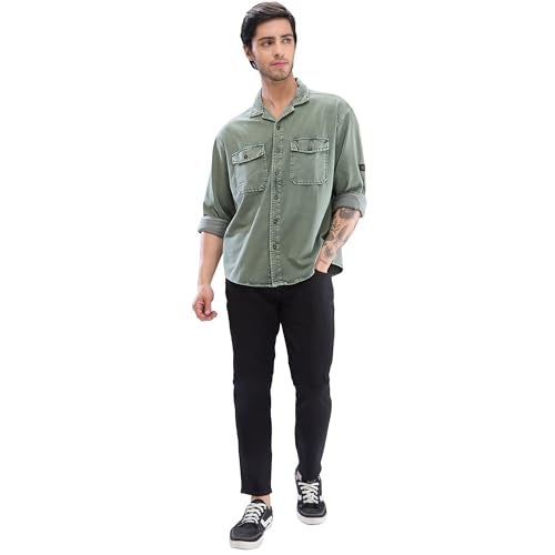 Spykar Full Sleeve Relaxed Fit Solid Green Shirts for Men (Size: M)-MSHK2BD221-Dusty Pista Green - Image 2