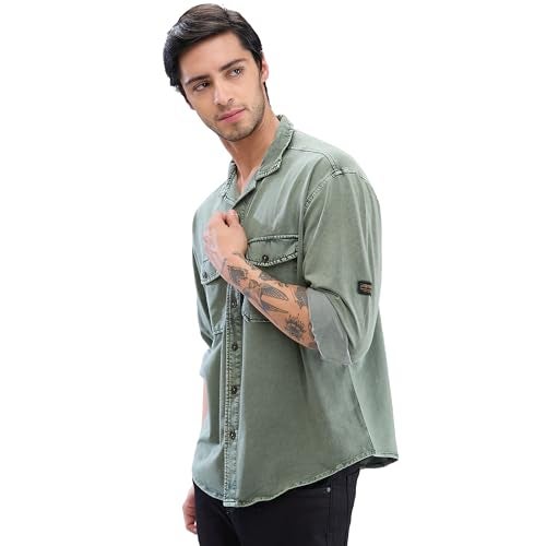 Spykar Full Sleeve Relaxed Fit Solid Green Shirts for Men (Size: M)-MSHK2BD221-Dusty Pista Green - Image 4
