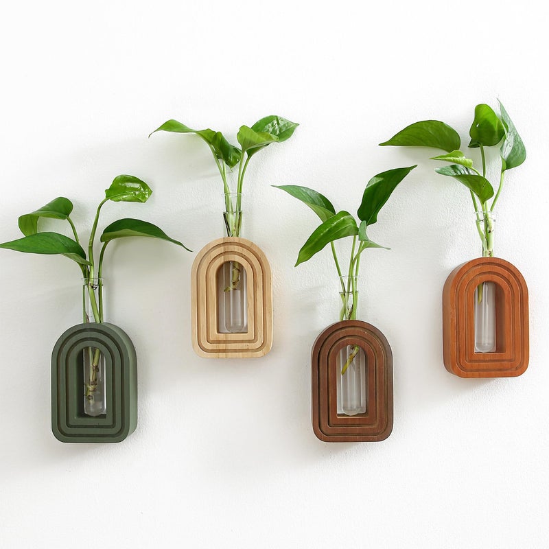 GRID FORTE Wood Wall Arched Propagation Vases (Set of 4), Hanging Plant and Flower Vases, Home Decor Boho Wall Decoration for Living Room Bedroom - Image 1