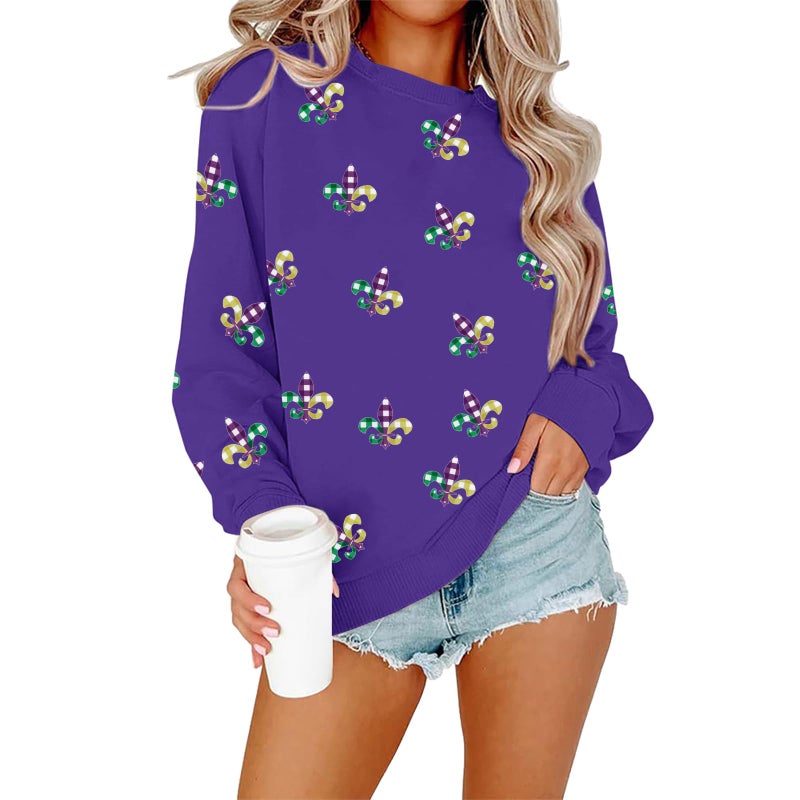 LUKYCILD Mardi Gras Sweatshirt Women Mardi Gras Day Mask T-Shirt Fat Tuesday Carnival Long Sleeve Shirt New Orleans Party Top Purple - Image 1