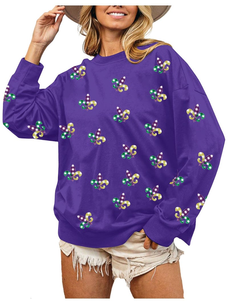 LUKYCILD Mardi Gras Sweatshirt Women Mardi Gras Day Mask T-Shirt Fat Tuesday Carnival Long Sleeve Shirt New Orleans Party Top Purple - Image 2
