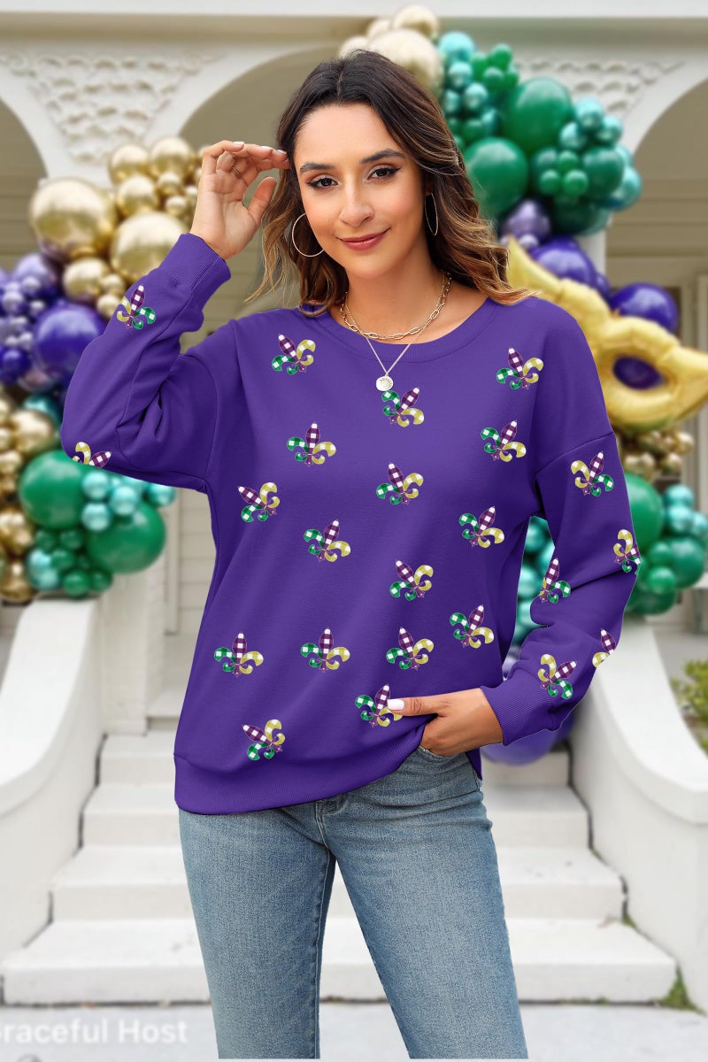 LUKYCILD Mardi Gras Sweatshirt Women Mardi Gras Day Mask T-Shirt Fat Tuesday Carnival Long Sleeve Shirt New Orleans Party Top Purple - Image 4
