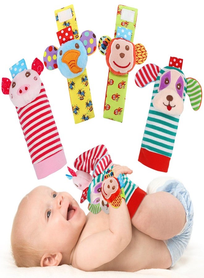 SSK Soft Baby Wrist Rattle Foot Finder Socks Set,Cotton and Plush Stuffed Infant Toys,Birthday Holiday Birth Present for Newborn Boy Girl 0/3/4/6/7/8/9/12/18 Months Kids Toddler,4 Cute Animals - Image 1